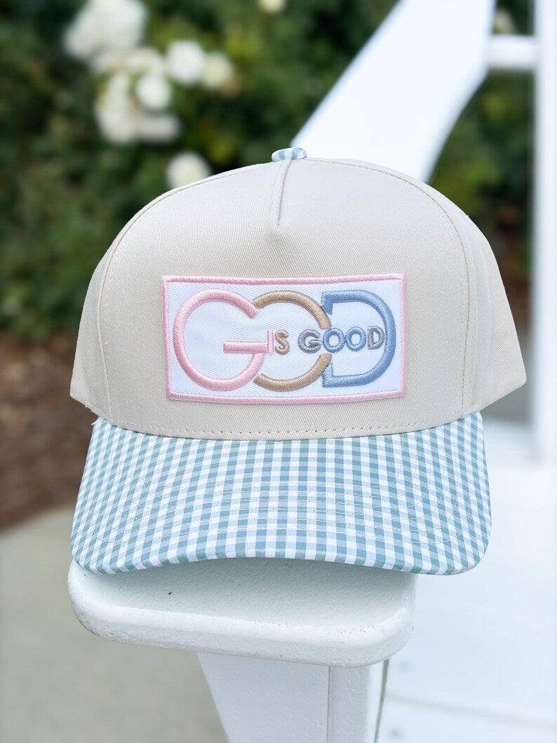 God Is Good Gingham Pattern Trucker Hat - Christian Embroidered Trucker Hat - Faith-Based Preppy Gingham Brim