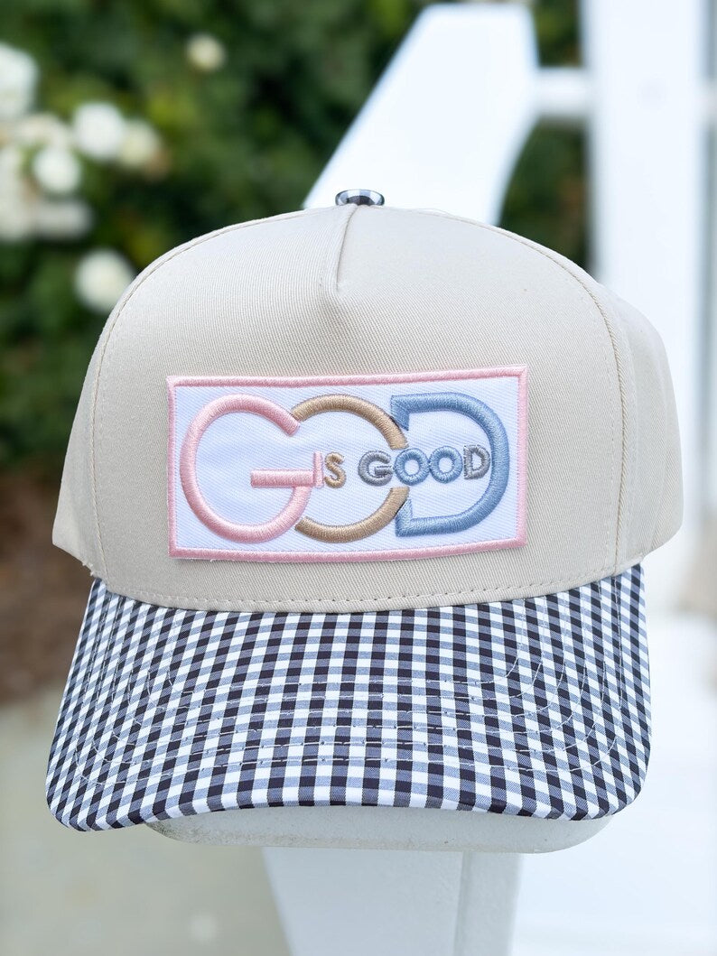 God Is Good Gingham Pattern Trucker Hat - Christian Embroidered Trucker Hat - Faith-Based Preppy Gingham Brim