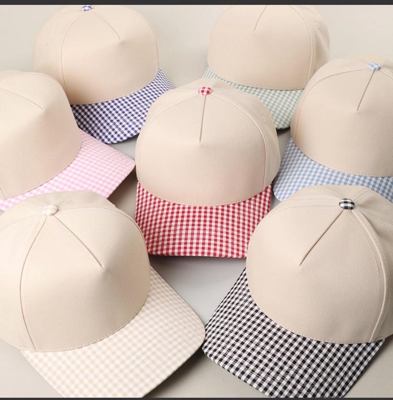 God Is Good Gingham Pattern Trucker Hat - Christian Embroidered Trucker Hat - Faith-Based Preppy Gingham Brim