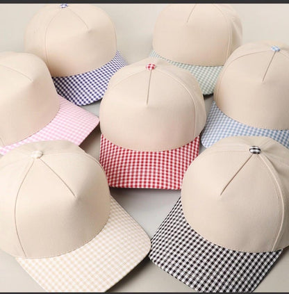 God Is Good Gingham Pattern Trucker Hat - Christian Embroidered Trucker Hat - Faith-Based Preppy Gingham Brim