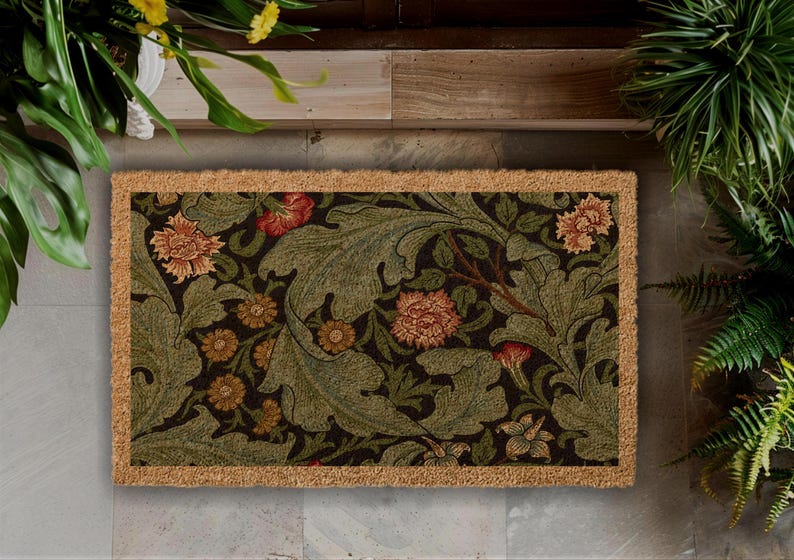 Floral Coir Doormat, Vintage Wildflower Rug, Housewarming Gift
