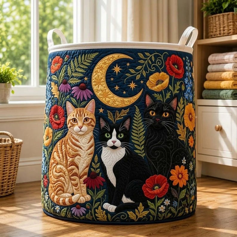 Personalized Floral Cat Quilted Laundry Basket: Cute Cats Foldable Hamper, Cat Mom Gifts
