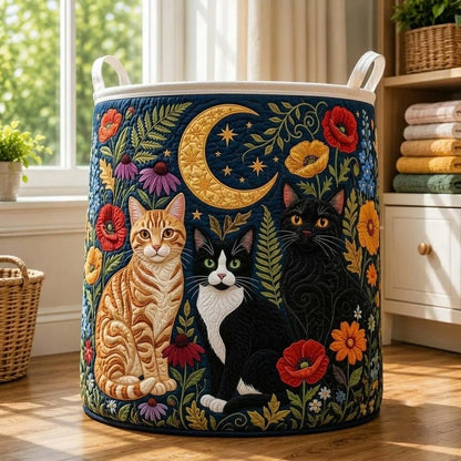 Personalized Floral Cat Quilted Laundry Basket: Cute Cats Foldable Hamper, Cat Mom Gifts