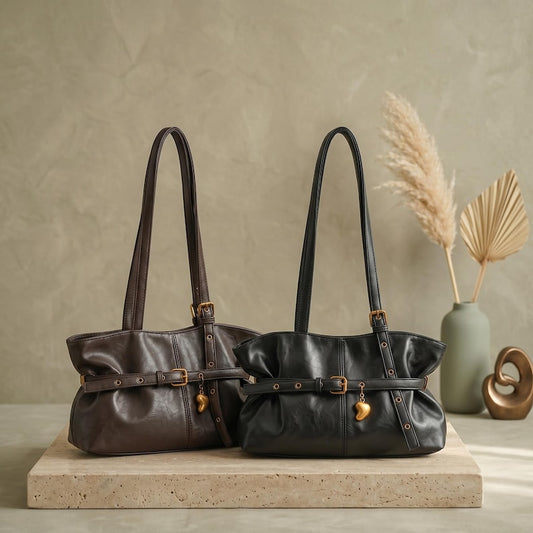 Soft PU Leather Shoulder Bag, French Aesthetic Pleated Handbag, Vintage Style Tote with Charm, Minimalist Everyday Purse, Gift for Her