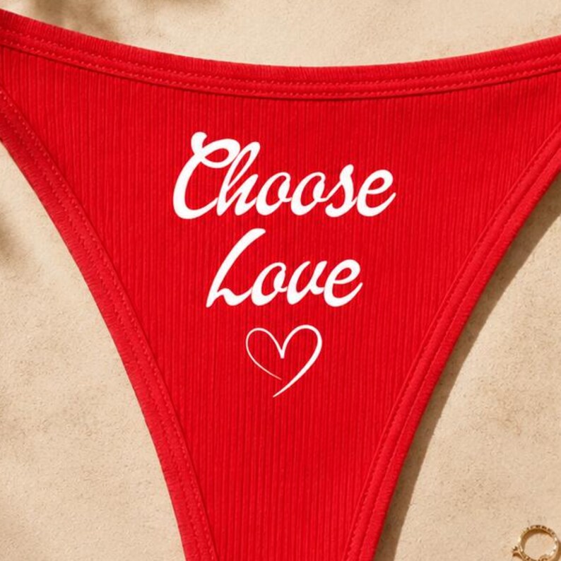 Red Ribbed Thong with "Choose Love" Heart Graphic – Low Rise Lingerie