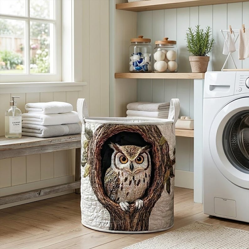 Cozy Owl Quilted Laundry Basket: Rustic Forest Animal Storage Bin, Woodland Tree Hollow Hamper