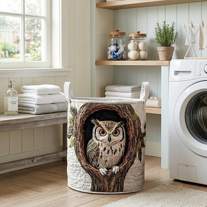 Cozy Owl Quilted Laundry Basket: Rustic Forest Animal Storage Bin, Woodland Tree Hollow Hamper
