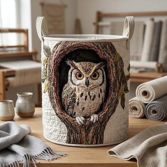 Cozy Owl Quilted Laundry Basket: Rustic Forest Animal Storage Bin, Woodland Tree Hollow Hamper