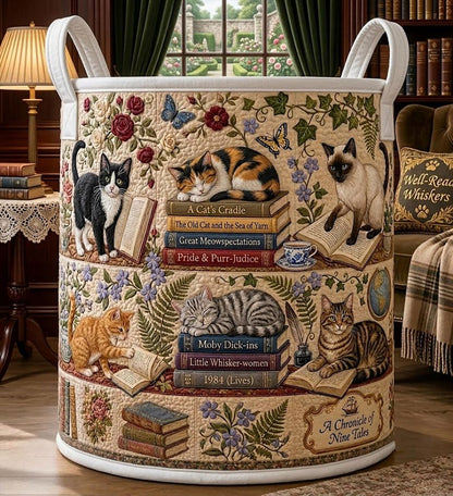 Bookish Cat Quilted Hamper: Reading Nook Storage Basket, Book Cat Lover Gift