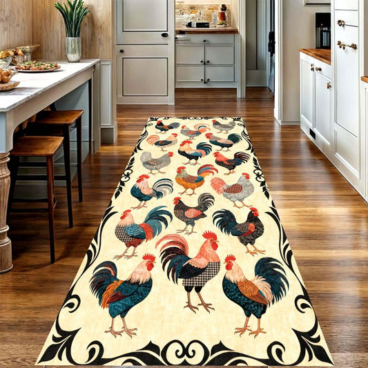 Rooster Pinted Runner Rug: Farmhouse Chicken Kitchen Carpet, Non-Slip Machine-Washable