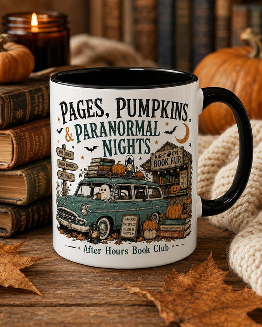 Pages Pumpkins Paranormal Nights Mug, Spooky Book Lover Halloween Coffee Cup