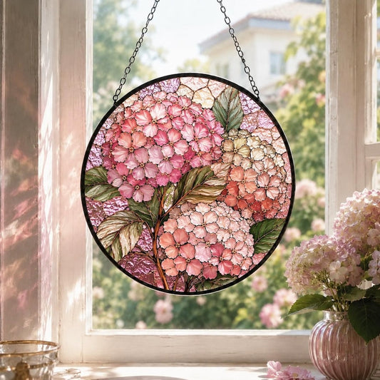Pink Floral Stained Glass Suncatcher, Hydrangea Window Decor, Cottagecore Hanging Art