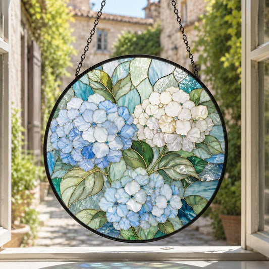 Blue Hydrangea Stained Glass Suncatcher, Cottagecore Botanical Garden Art Window Hanging