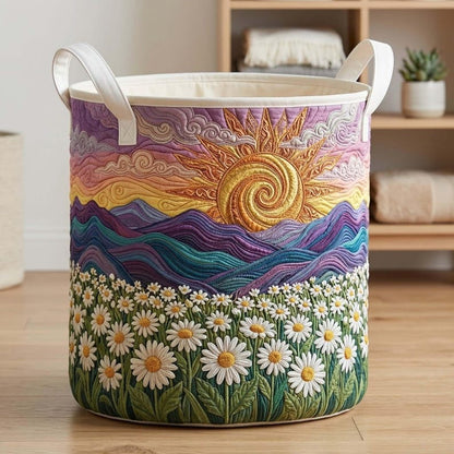 Daisy Field Quilted Laundry Basket: Daisy Floral Storage Bin, Large Foldable Hamper