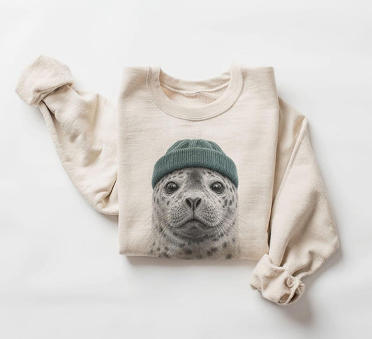 Retro Leopard Seal Wearing Beanie Unisex Sweatshirt