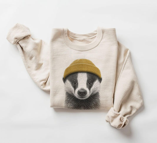 Retro Badger Wearing Beanie Unisex Sweatshirt