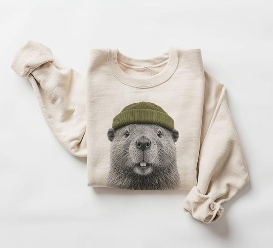 Retro Beaver Wearing Beanie Unisex Sweatshirt