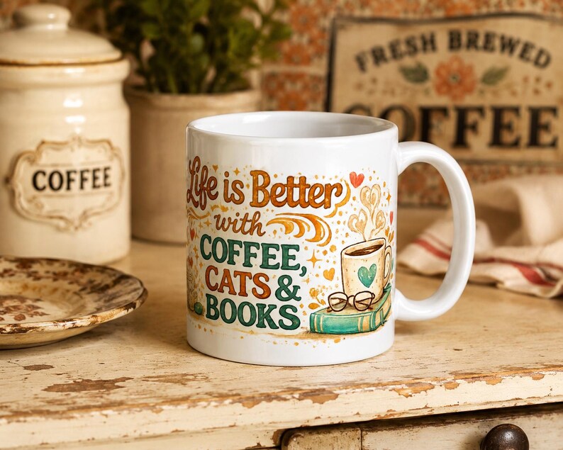 Ceramic Mug, Coffee Cats Books Lover, Cozy Reader Gift, Cat Mom Bibliophile Cup