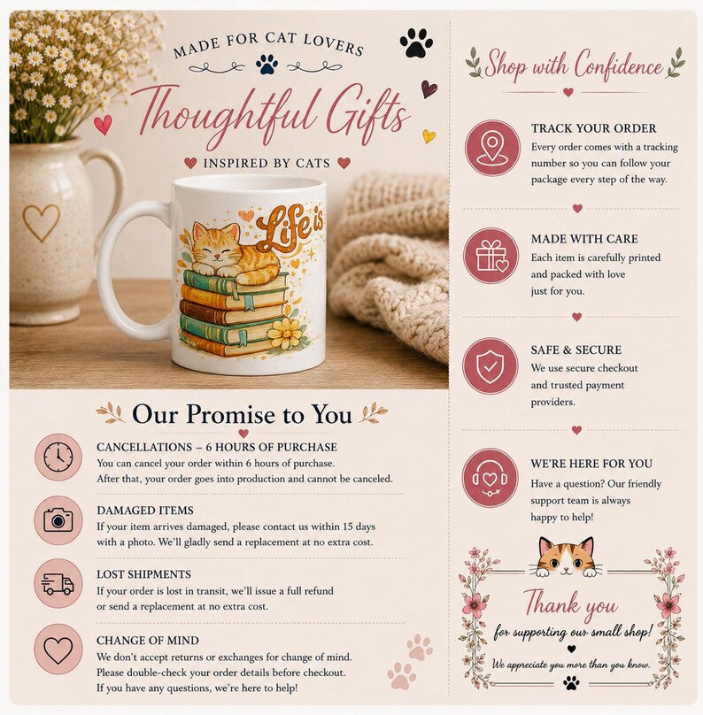 Ceramic Mug, Coffee Cats Books Lover, Cozy Reader Gift, Cat Mom Bibliophile Cup