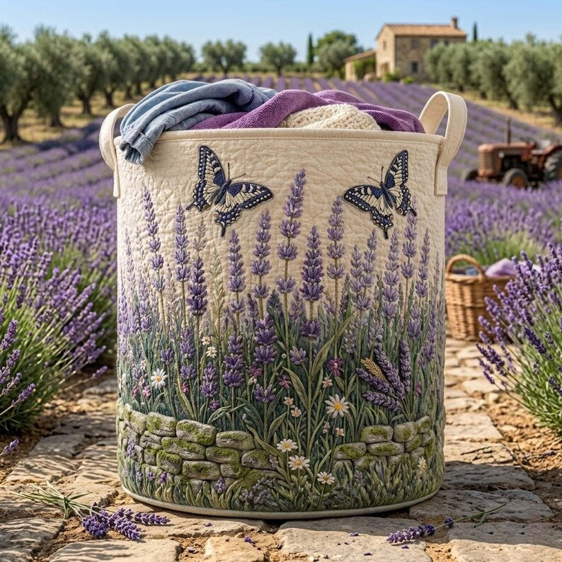 Lavender Field Quilted Laundry Basket: Floral Butterfly Clothes Hamper, Gift For Mom