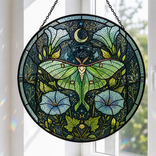 Luna Moth Stained Glass Suncatcher, Green Moth Window Hanging, Nature Inspired Sun Catcher, Botanical Home Decor, Gift for Her