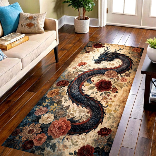 Dragon Floral Runner Rug: Asian Mythology Hallway Carpet, Non-Slip Machine-Washable