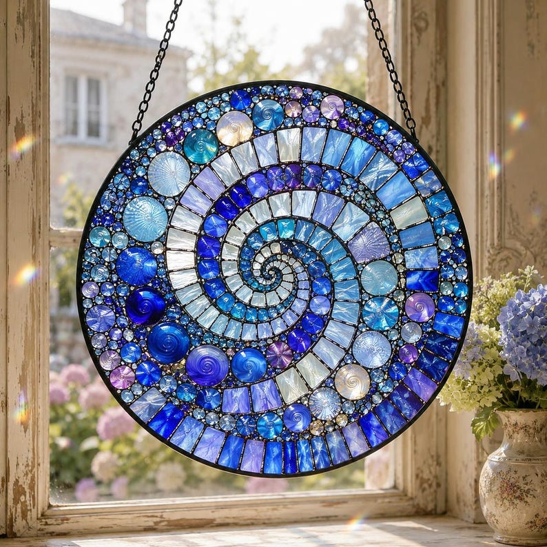 Stained Glass Spiral Suncatcher, Mosaic Rainbow Art Decor, Boho Window Hanging (Gift Option)