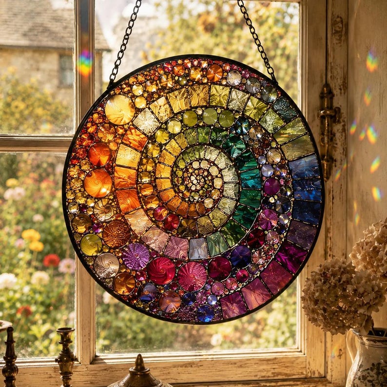 Spiral Mosaic Suncatcher, Mandala Window Hanging, Rainbow Glass Art, Boho Decor