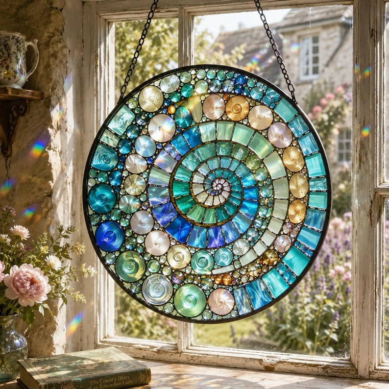 Spiral Mosaic Suncatcher, Mandala Window Hanging, Rainbow Glass Art, Boho Decor
