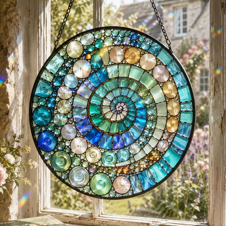 Spiral Mosaic Suncatcher, Mandala Window Hanging, Rainbow Glass Art, Boho Decor