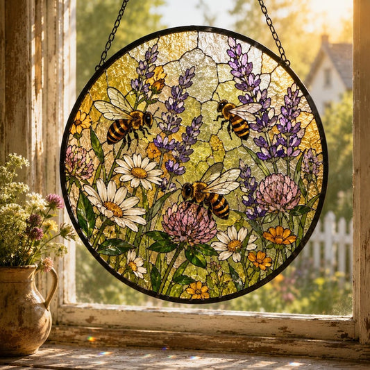 Bee Lover Gift, Lavender Bee Suncatcher, Wildflower Window Hanging for Cottagecore Home Decor