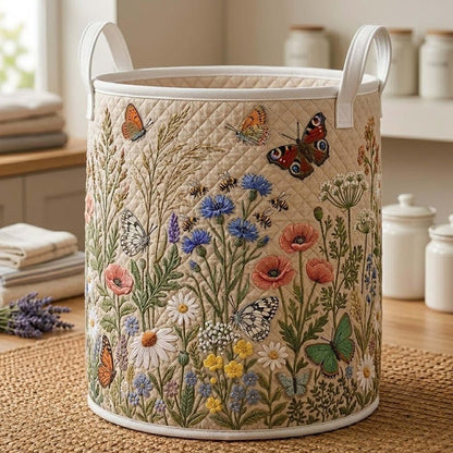 Floral Garden Quilted Laundry Basket, Botanical Storage Bin, Butterfly Flower Hamper