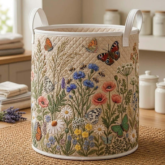Floral Garden Quilted Laundry Basket, Botanical Storage Bin, Butterfly Flower Hamper