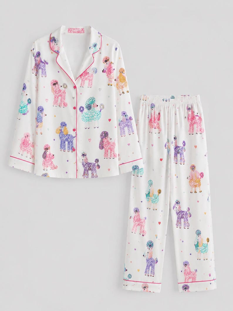 Women’s Colorful Poodle Print Satin Pajama Set, Short Sleeve Dog Lover Sleepwear, Cute Pet Pajamas