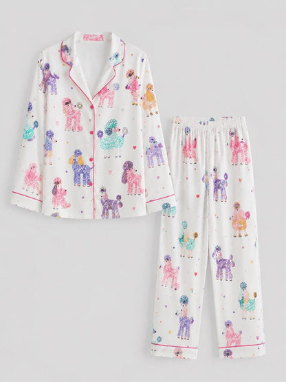 Women’s Colorful Poodle Print Satin Pajama Set, Short Sleeve Dog Lover Sleepwear, Cute Pet Pajamas