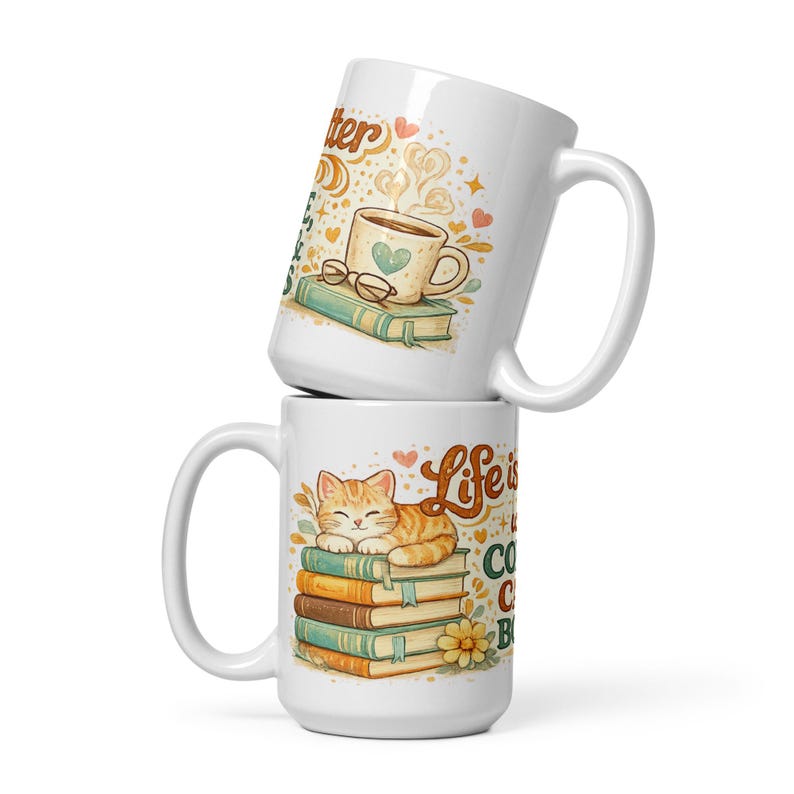 Ceramic Mug, Coffee Cats Books Lover, Cozy Reader Gift, Cat Mom Bibliophile Cup