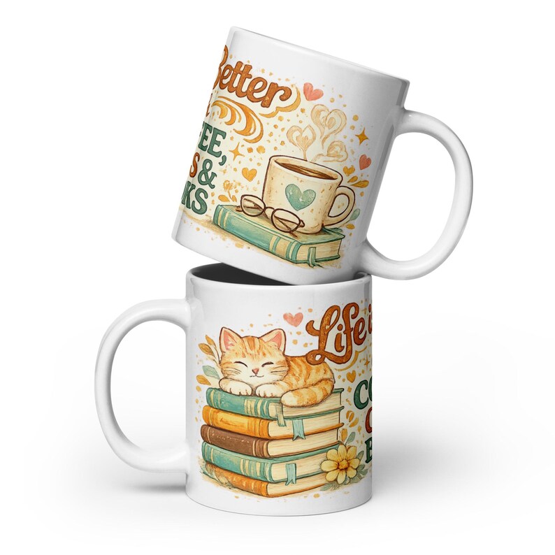 Ceramic Mug, Coffee Cats Books Lover, Cozy Reader Gift, Cat Mom Bibliophile Cup