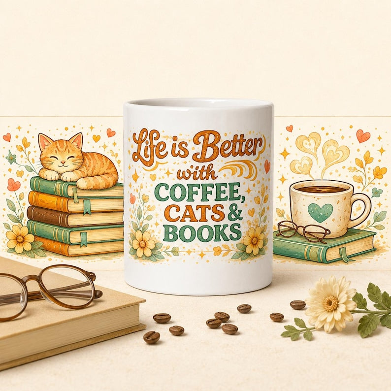 Ceramic Mug, Coffee Cats Books Lover, Cozy Reader Gift, Cat Mom Bibliophile Cup