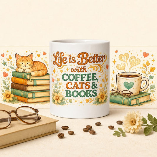 Ceramic Mug, Coffee Cats Books Lover, Cozy Reader Gift, Cat Mom Bibliophile Cup
