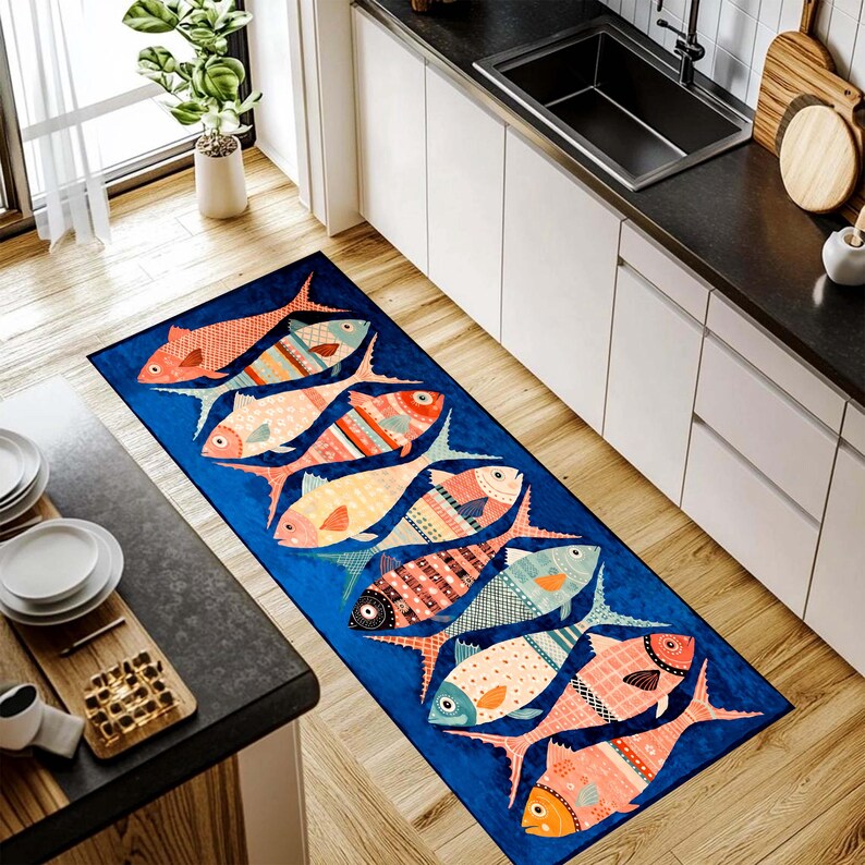 Blue Fish Kitchen Runner Rug: Colorful Seafood Carpet, Machine-Washable Non-Slip