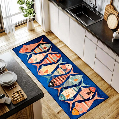 Blue Fish Kitchen Runner Rug: Colorful Seafood Carpet, Machine-Washable Non-Slip