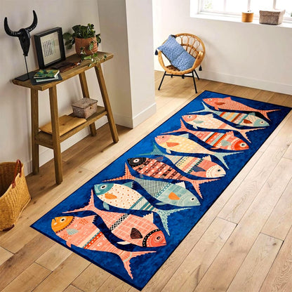 Blue Fish Kitchen Runner Rug: Colorful Seafood Carpet, Machine-Washable Non-Slip