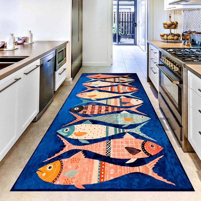 Blue Fish Kitchen Runner Rug: Colorful Seafood Carpet, Machine-Washable Non-Slip
