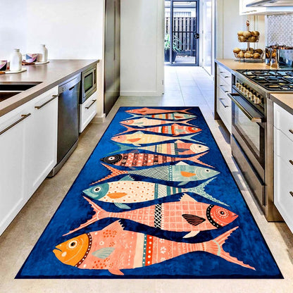 Blue Fish Kitchen Runner Rug: Colorful Seafood Carpet, Machine-Washable Non-Slip