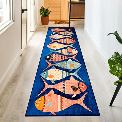 Blue Fish Kitchen Runner Rug: Colorful Seafood Carpet, Machine-Washable Non-Slip