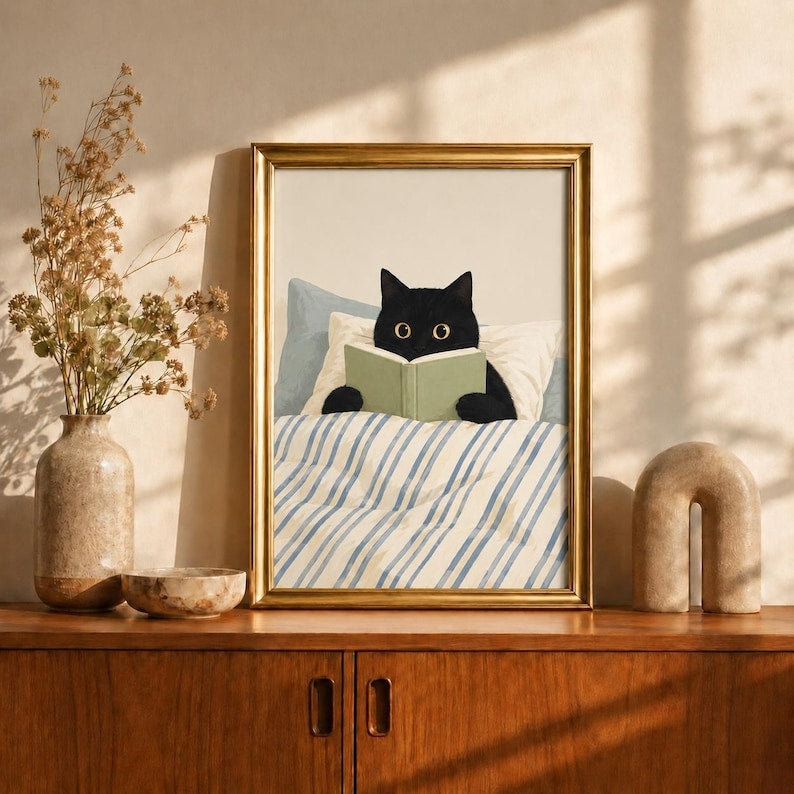 Black Cat Reading Wall Art, Funny Cat Print, Minimalist Bedroom Decor, Book Lover Gift, Cozy Cat Poster, Cat in Bed Illustration Art