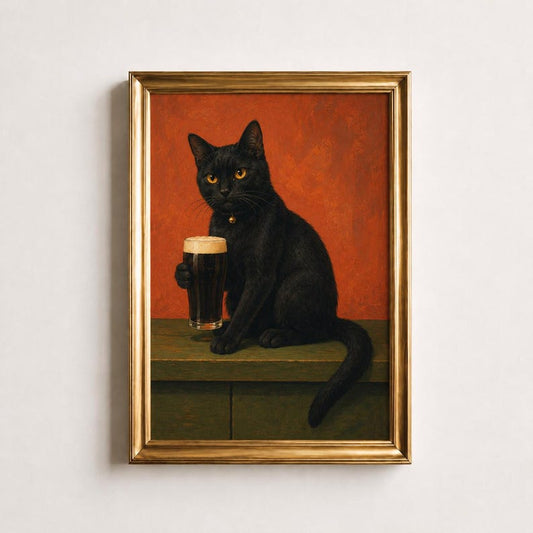 Funny Black Cat Beer Wall Art, Cat with Beer Print, Vintage Pub Bar Decor, Man Cave Poster, Beer Lover Gift, Funny Cat Oil Painting Art
