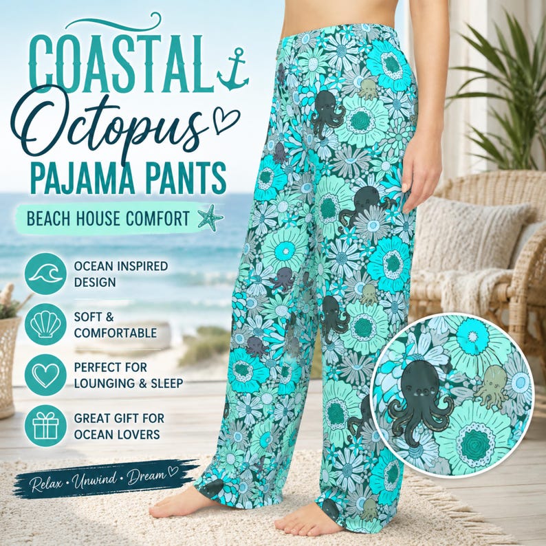 Coastal Octopus Pajama Pants, Beach House Lounge Pants, Ocean Floral Sleep Pants, Nautical Pajamas for Women, Beach Lover Gift