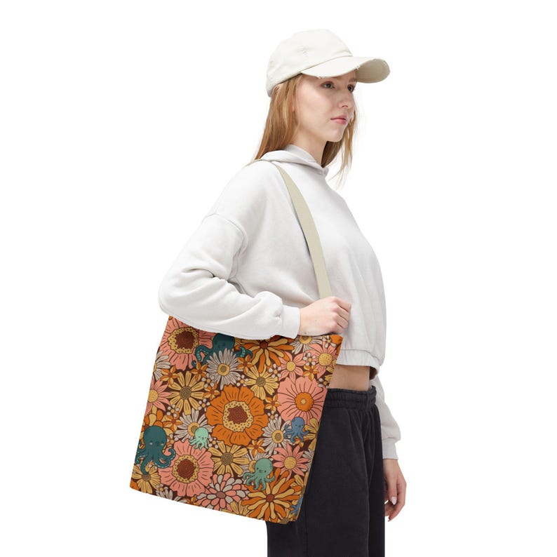 Octopus Floral Tote Bag, Coastal Market Bag, Beach Tote for Women, Ocean Lover Gift, Cottagecore Tote, Boho Beach Bag, Nautical Shopping