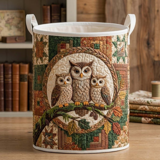 Owl Family Quilted Laundry Basket: Forest Bird Storage Bin, Patchwork Clothes Hamper